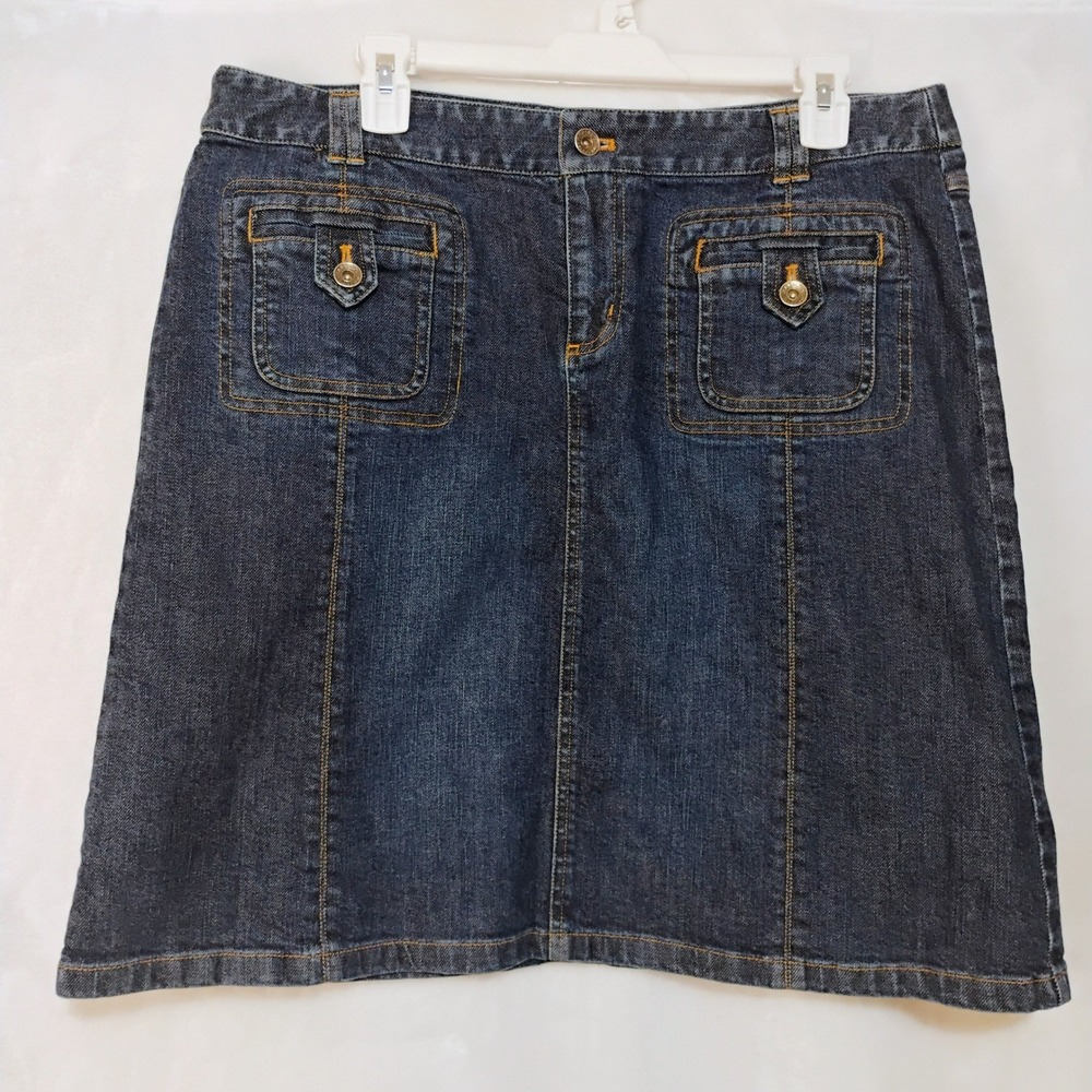 Harolds Sz 14 Dark Wash Denim Knee Length Skirt Y2K Front Utility Pockets